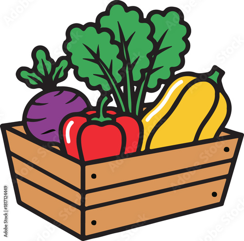 Wooden crate filled with colorful vegetables including a purple beet red bell pepper yellow squash and green leafy tops