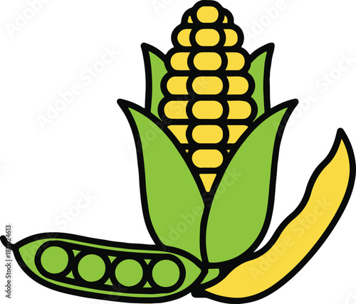 Yellow corn cob with green husks and open green pea pod with round peas maize