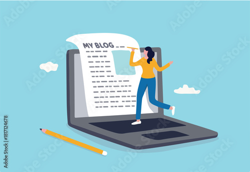 Content writer or blogger, start new blog writing article online or journalism, storytelling and social marketing concept, creative young woman writing blog on paper from online laptop computer.
