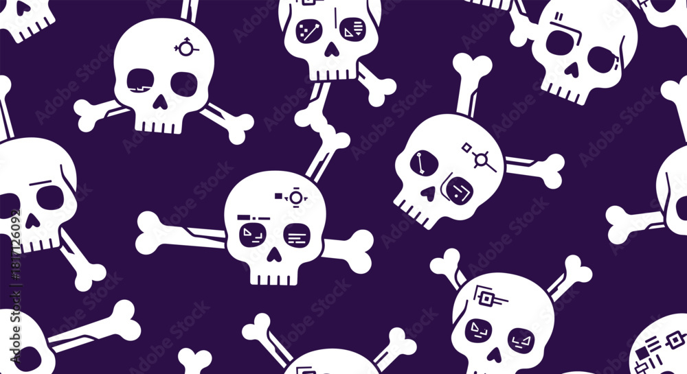 Obraz premium Futuristic circuit board skulls and crossbones create a striking and edgy seamless pattern on a dark purple background.