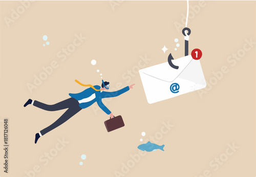 Phishing email, fraud or scam mail offer fake login or password form to steal personal information, online crime concept, greedy businessman diving underwater to catch email envelope with fishing hook