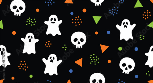 Playful Halloween pattern showcasing white ghosts and skulls amidst vibrant dots and geometric triangles on a dark background.
