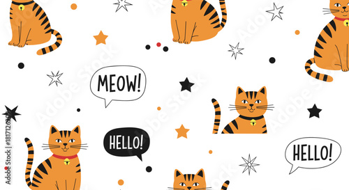 Adorable orange striped cats with charming bells and playful stars are featured in a delightful seamless pattern on a white background.