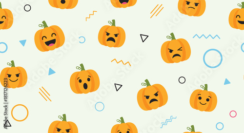 Diverse pumpkin emoji faces expressing various emotions are scattered amongst abstract geometric shapes creating a whimsical autumn pattern.