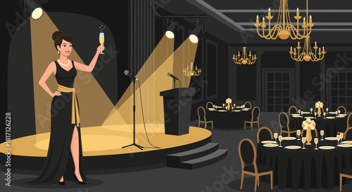 Elegant woman raising champagne on stage at sophisticated celebration venue