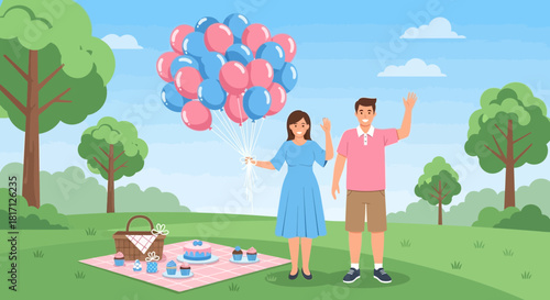 Joyful couple celebrating at a picnic with pink and blue balloons outdoor