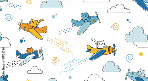 Adorable cartoon cats happily fly colorful airplanes through fluffy white clouds creating a charming seamless pattern on a clean background.