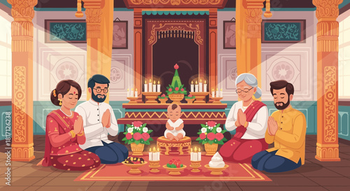 Illustrative portrayal of a family practicing a traditional religious ritual