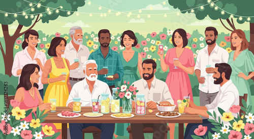 Harmonious garden gathering with diverse friends celebrating life and connections