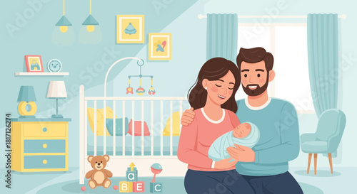 Illustration of a happy family with a newborn baby in a nursery room scene
