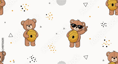 Charming teddy bears holding beehives and wearing cool sunglasses are playfully arranged in a delightful seamless pattern on a clean background.