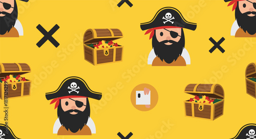 Brave cartoon pirates with eye patches and overflowing treasure chests featuring gold coins create an adventurous seamless pattern.