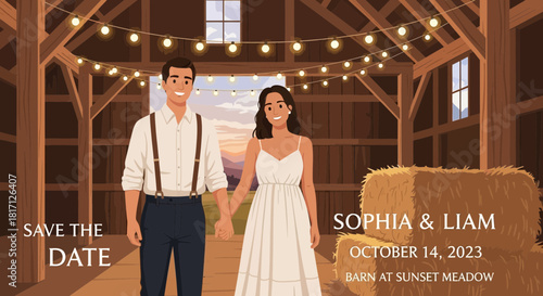 Charming Barn Wedding Save the Date Card with Couple Amidst Rural Setting
