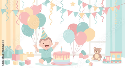 Cheerful pastel illustration celebrating a baby's first birthday party occasion