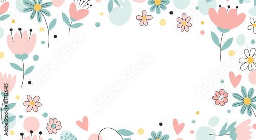 Charming border frame with delightful pastel flowers hearts and playful dots creates a sweet design with ample copy space.