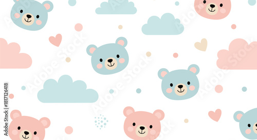 Adorable pink and blue teddy bear faces float peacefully among soft clouds creating a sweet and gentle seamless pattern.