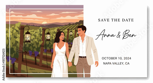 Illustrated save the date card featuring a couple in a vineyard landscape