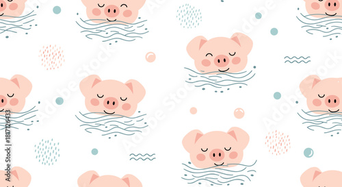 Happy smiling pig faces playfully swim in gentle water waves creating a charming and whimsical seamless pattern on a white background.