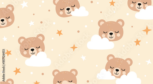 Peaceful brown teddy bear faces sleep soundly on fluffy clouds amidst twinkling stars forming a serene seamless pattern.