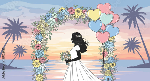 Tropical beach wedding illustration, a bride with flower arch and heart balloons