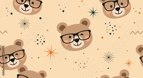 Clever brown teddy bear faces wearing stylish glasses are scattered among twinkling stars creating a smart and playful seamless pattern.