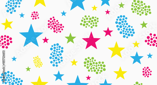 Bright colorful stars and playful dotted abstract shapes are scattered joyfully creating a cheerful and vibrant seamless pattern.