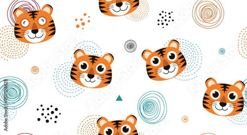 Adorable tiger faces with expressive eyes are playfully scattered among abstract swirls and dots creating a charming seamless pattern.