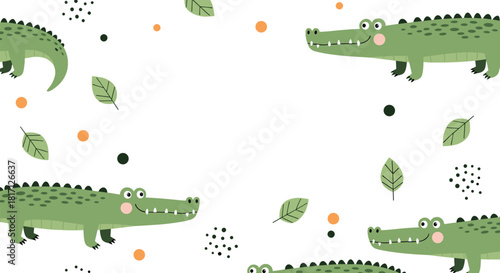 Adorable smiling crocodiles with playful leaves and dots create a charming border frame design offering ample copy space.