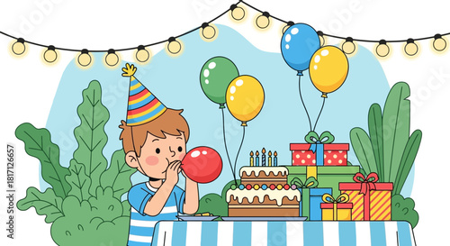 Festive birthday celebration cartoon featuring a boy inflating balloon indoors
