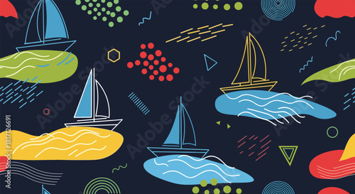 Elegant line art sailboats navigate abstract colorful waves amidst playful geometric shapes creating a modern and vibrant seamless pattern.