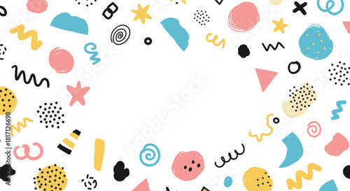 Playful hand-drawn shapes scribbles and geometric elements create an energetic and colorful abstract seamless pattern with copy space.