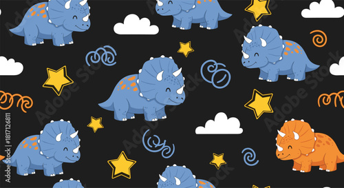 Adorable blue and orange triceratops dinosaurs roam among fluffy clouds and shining stars creating a prehistoric seamless pattern.