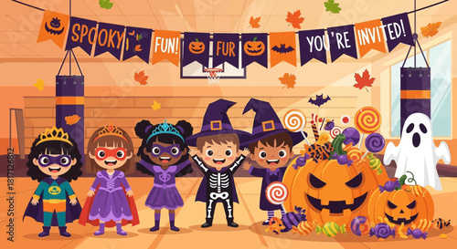 Enchanting halloween costume parade in gymnasium adorned with festive decorations