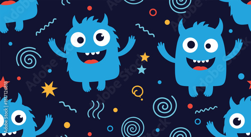 Adorable blue fluffy monsters are cheerfully scattered among whimsical stars and swirling lines creating a delightful seamless pattern.