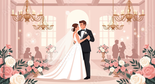 Romantic wedding first dance illustration in elegant ballroom setting