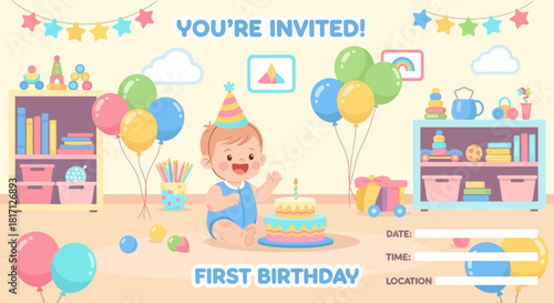Charming First Birthday Invitation Template with Whimsical Decorations and Cheerful Elements