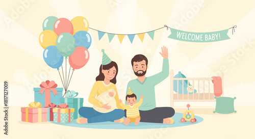 Illustration of a happy family celebrating the arrival of their new baby