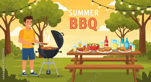 Vibrant Summer Barbecue Scene with Grilled Delights and Festive Atmosphere