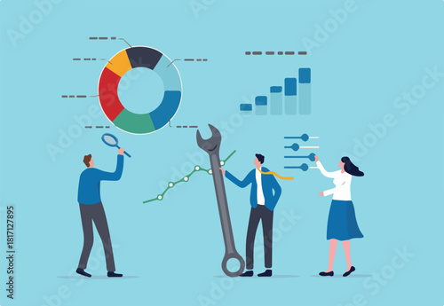 Data analysis and optimization for SEO, marketing research user and customer behavior, analyze business trend concept, business people using magnifier and optimize tools to analyze chart and graph.