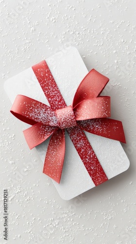 White gift card with red bow and snowflakes on light background