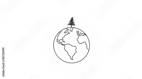 Earth globe with tree on top in minimalist line art style for International Earth Day  