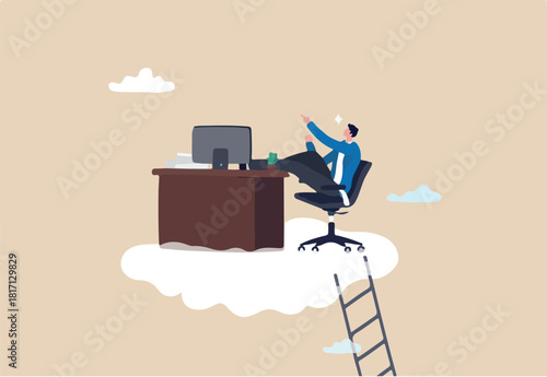 Dream job or ideal work, perfect workplace or career success, opportunity for best job, promotion or aspiration concept, success businessman working dream job on his desk on the cloud with ladder.