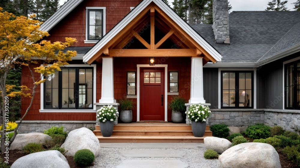 Naklejka premium Modern craftsman house exterior with vibrant red door and welcoming porch