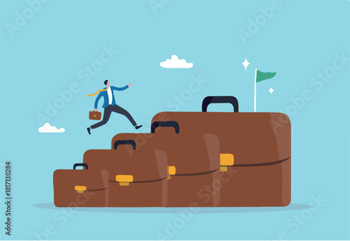 Career growth development plan, job promotion or motivation to achieve work target, stair step to success, ambition concept, businessman professional step up briefcase stair to reach goal on top.