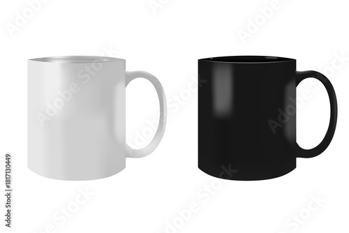 Two Ceramic Mugs, White And Black, Side By Side For Contrast In A Clean Studio Setting.