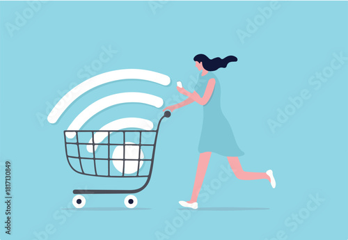 Mobile online shopping, app or website e-commerce website easy to buy and purchase products concept, happy young woman using mobile e-commerce app with big wifi sign in shopping cart trolley.