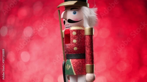 playful Toy Nutcracker twirls against a bright red bokeh background, culminating in a head-focused close-up