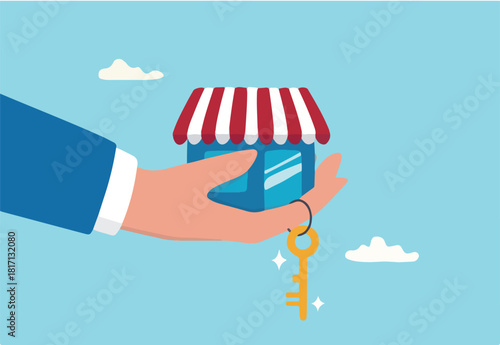 Small business key to success, open new shop, start new business or company, entrepreneur or SME, growing or increase product sale concept, businessman hand hold small business shop with golden key.