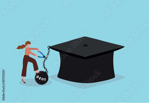 Student loan debt pay off or forgiveness program, cut education expense or reduce fee concept, young adult woman cut chain to relief from student loan debt burden metal ball from graduated mortarboard