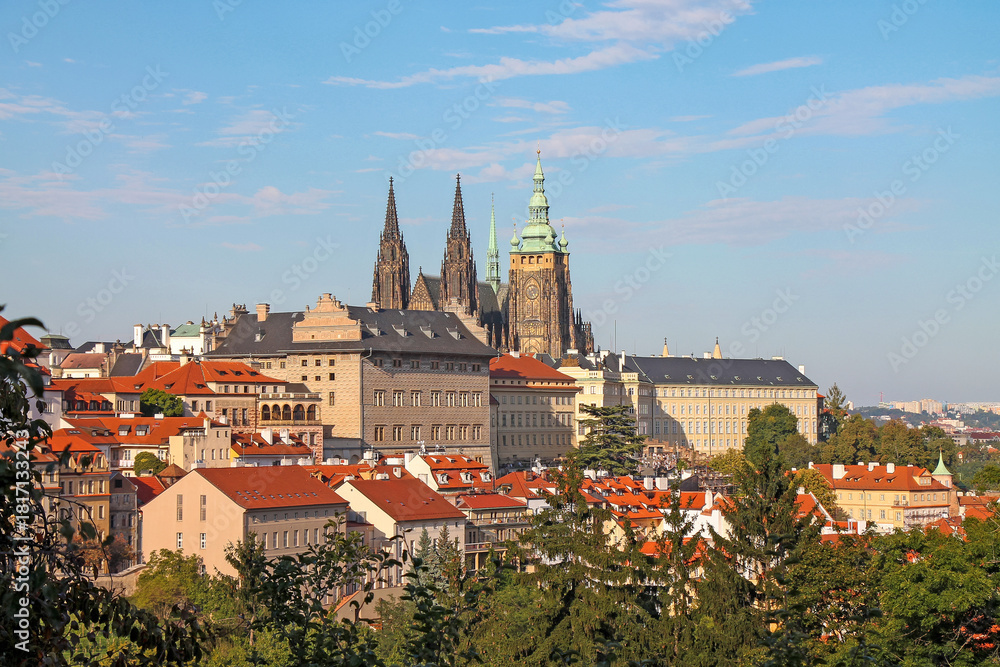 Fototapeta premium Summer view of Hradcany with popular tourist destination Prague Castle, Czech Republic.